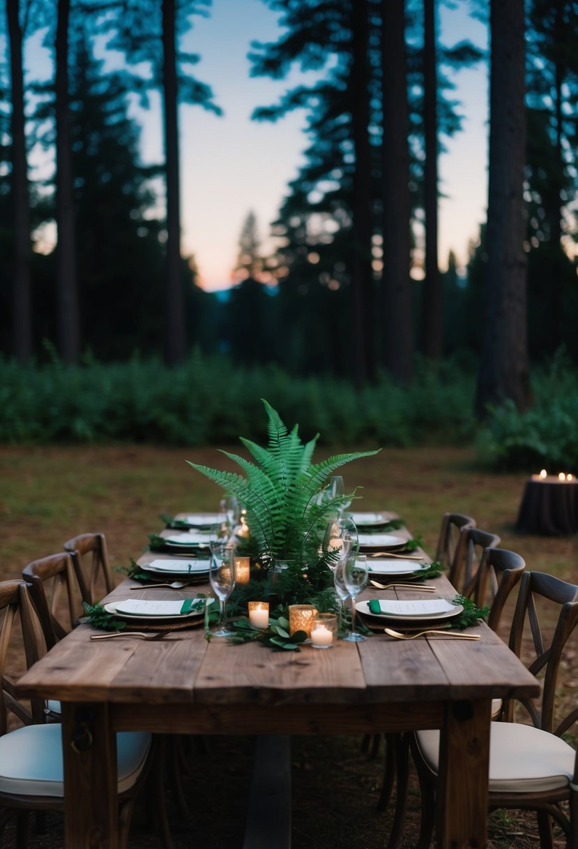 A forest clearing at twilight, with fern and forest-themed place settings arranged on a rustic wooden table for a wedding celebration