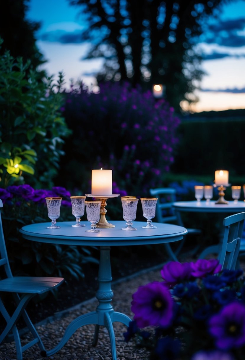 A dimly lit garden with vintage glasses on tables, surrounded by deep purple and navy flowers under a twilight sky