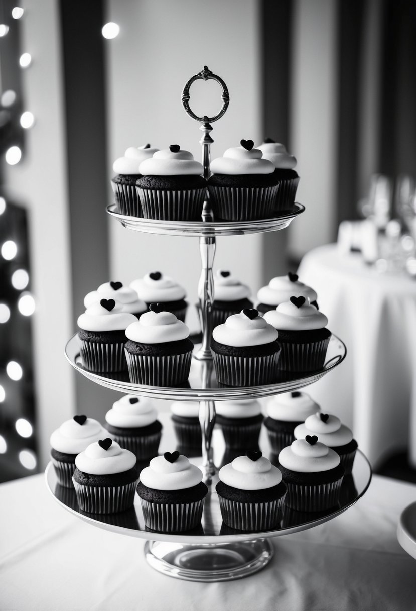 A display of elegant monochrome wedding cupcakes arranged on a tiered stand