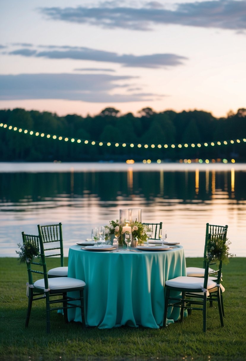 A serene lakeside wedding at dusk, with green and white decor, twinkling lights, and a dreamy twilight sky