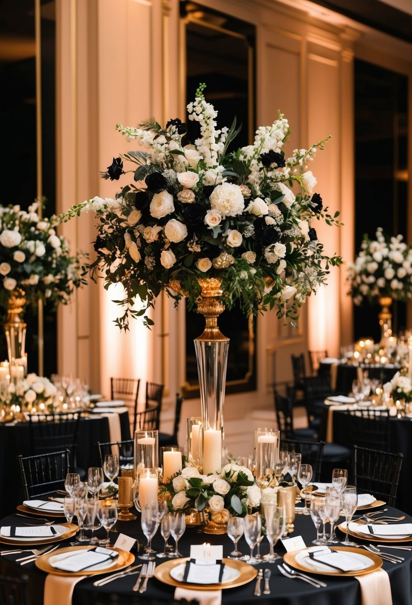 A lavish black and gold wedding reception with opulent floral centerpieces, elegant table settings, and shimmering candlelight