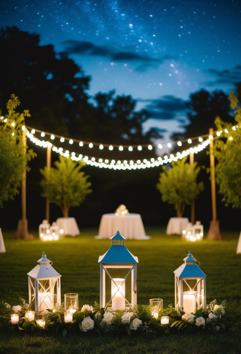 A romantic twilight wedding scene with fairy lights, lanterns, and lush greenery under a starry sky