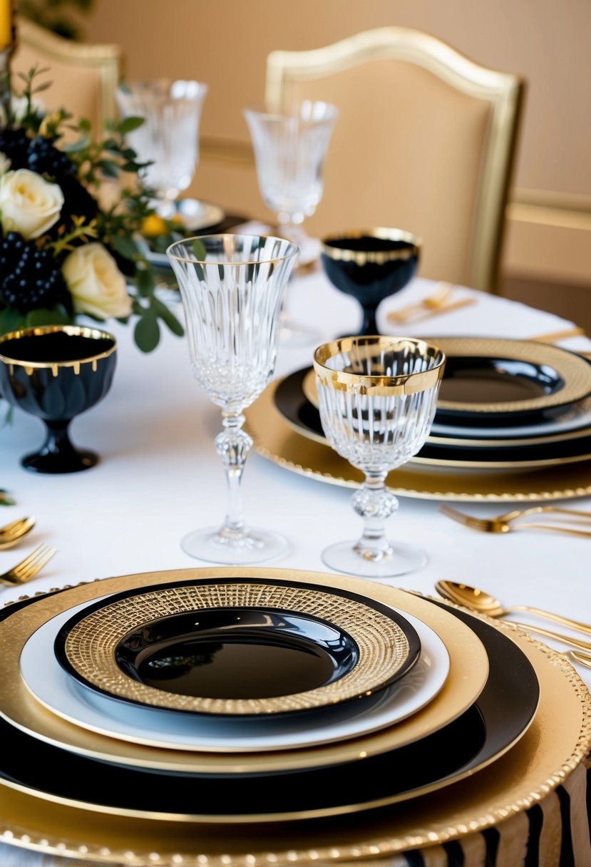 A table set with elegant black and gold dinnerware, sparkling glassware, and luxurious gold accents