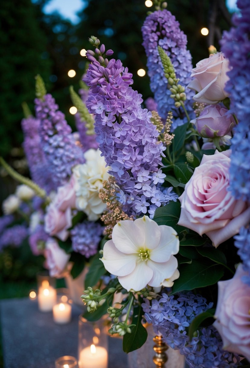 A twilight garden adorned with lilac and pale pink flowers, accented with touches of gold, creating a romantic and elegant wedding setting