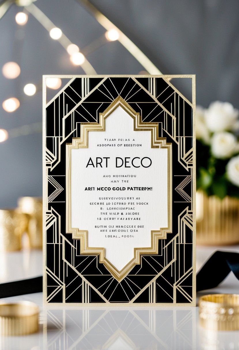 An elegant Art Deco-inspired invitation with black and gold geometric patterns and intricate details