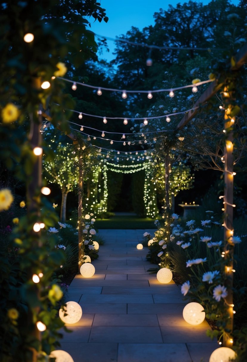 A dimly lit garden adorned with glow-in-the-dark decorations, including twinkling fairy lights, glowing orbs, and luminescent flowers, creating a magical ambiance for a twilight wedding