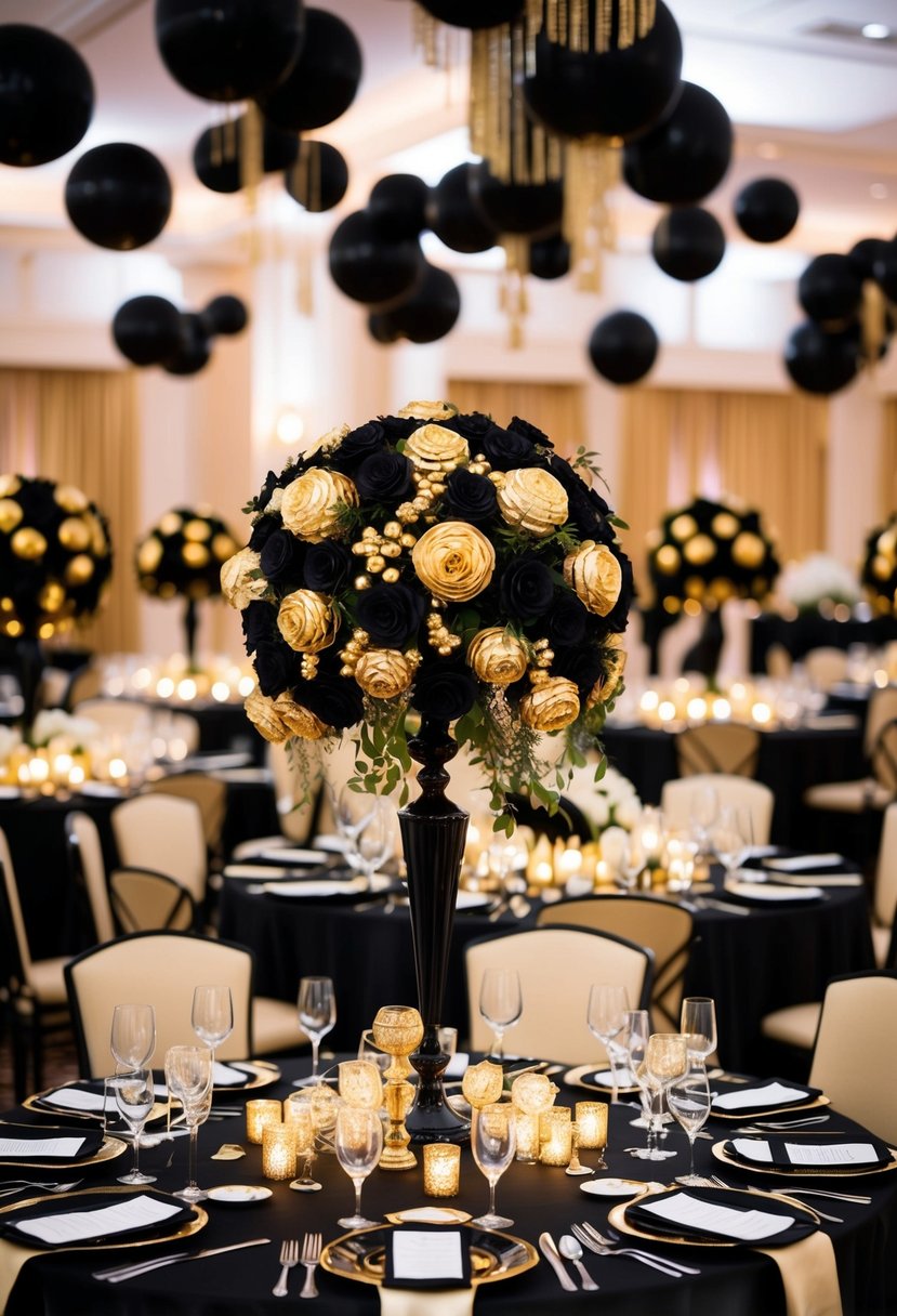 Opulent black and gold centerpieces adorn a lavish wedding reception, evoking the glamour and sophistication of a Gatsby-inspired celebration