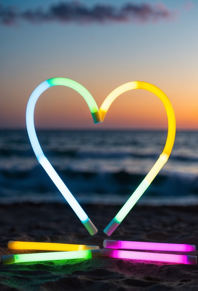 Colorful glow sticks arranged in a heart shape on a beach at twilight, casting a soft, colorful glow