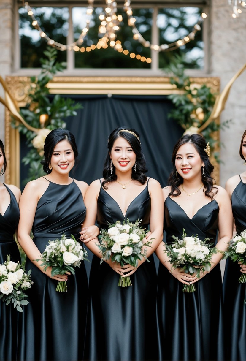 Black satin bridesmaid dresses with gold accessories. A wedding scene with black and gold decor