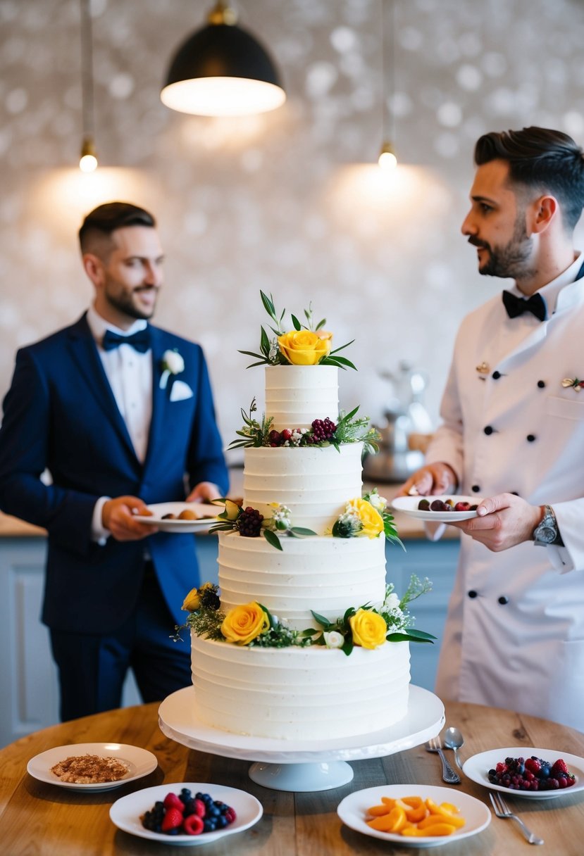 A tiered wedding cake surrounded by tasting plates of different flavors, with a couple and a baker discussing options