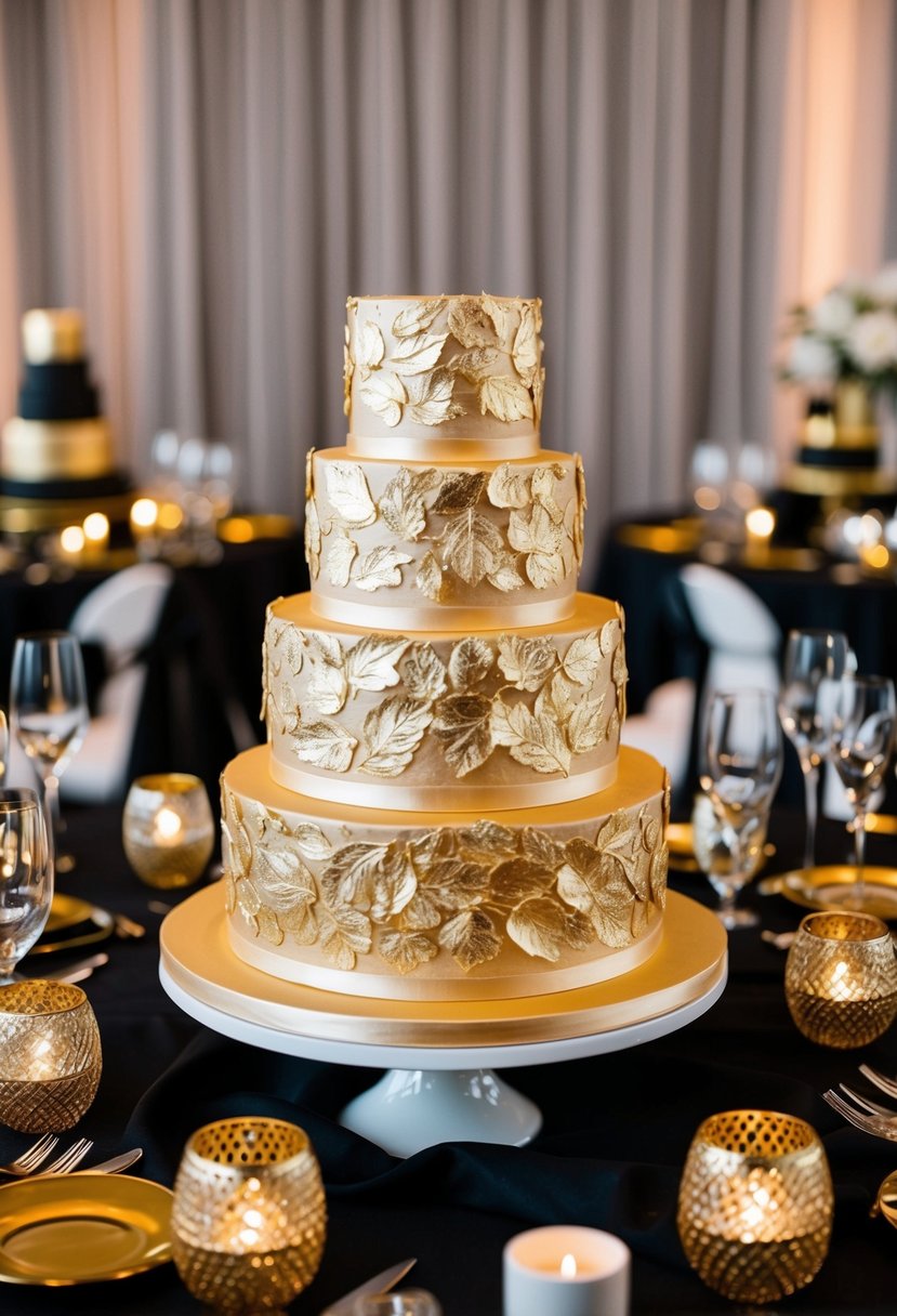 A luxurious gold leaf wedding cake surrounded by elegant black and gold decor