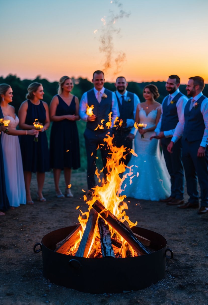 A crackling bonfire illuminates a group gathered around it, casting a warm glow on the twilight wedding celebration