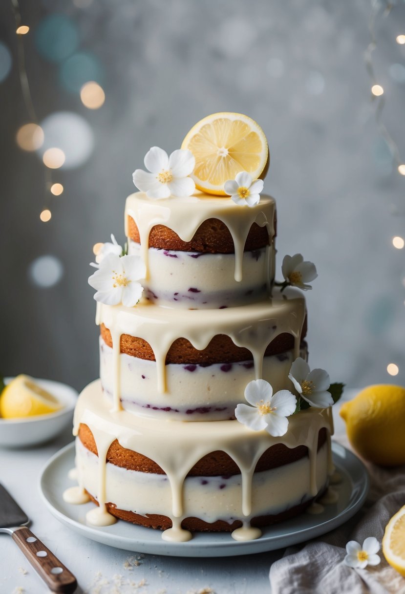 A three-tiered lemon cake with cassis filling, adorned with delicate sugar flowers and a drizzle of glaze