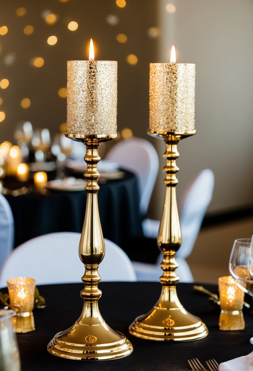 Two sparkling gold candle holders stand on a black table, surrounded by elegant gold wedding decor