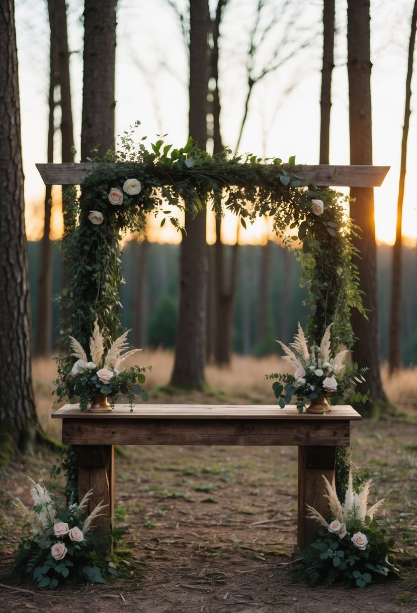 A rustic wooden altar adorned with greenery and flowers stands in a forest clearing at twilight, with soft golden light filtering through the trees