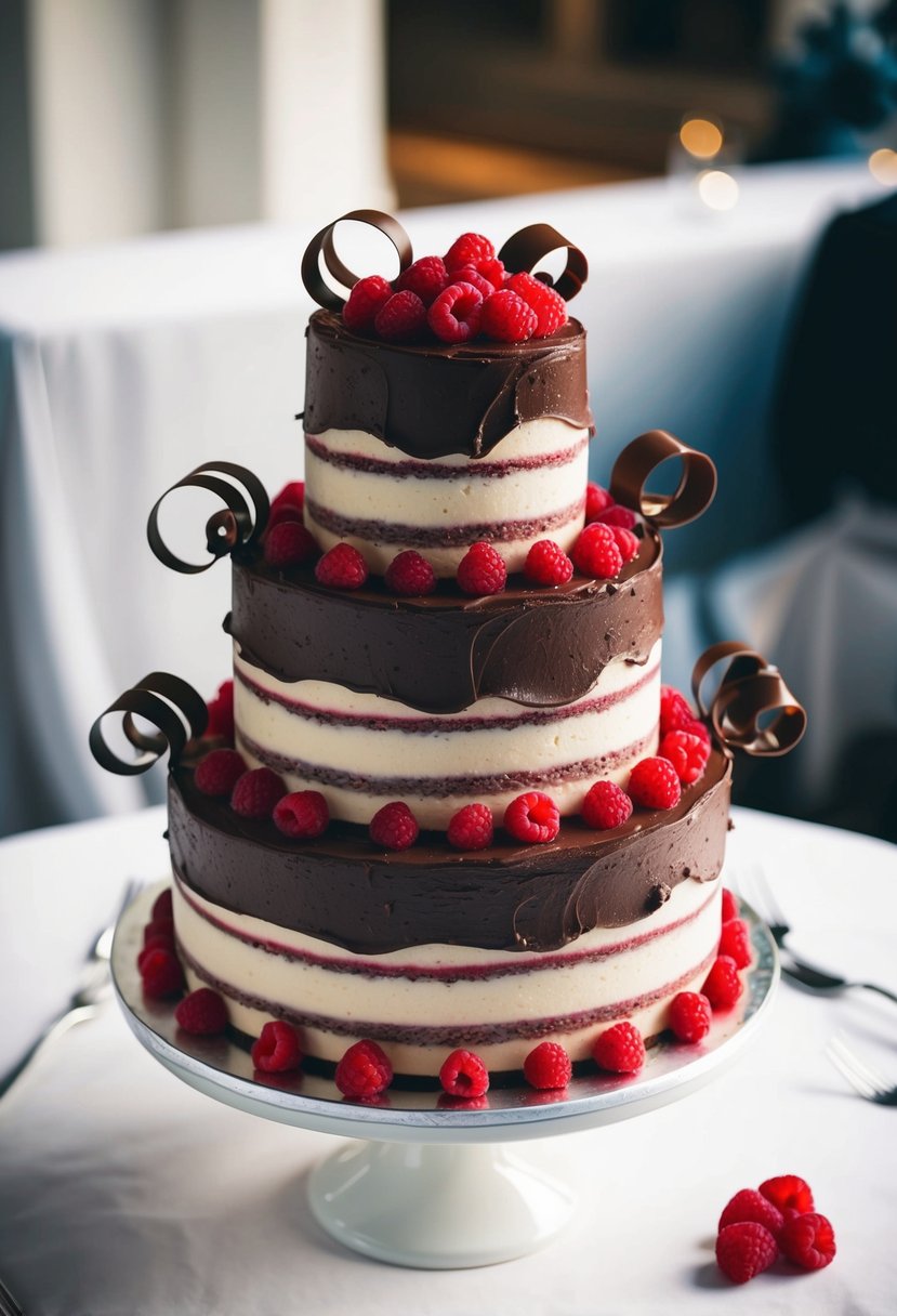 A three-tiered wedding cake with rich dark chocolate frosting and layers of vibrant raspberry filling, adorned with delicate chocolate curls and fresh raspberries