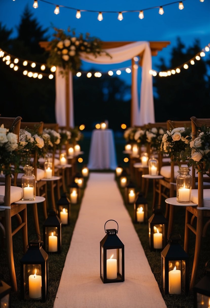 A candlelit aisle adorned with lanterns creates a romantic twilight wedding setting