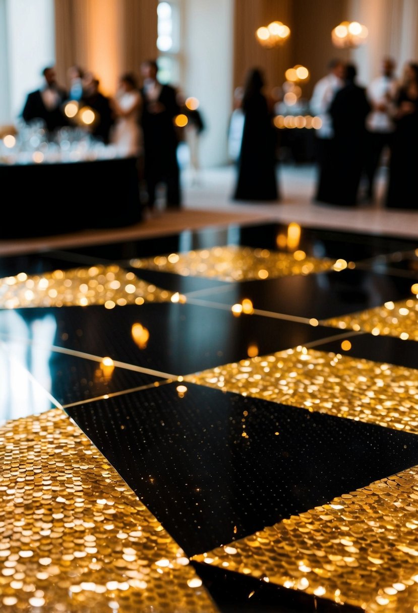 A shimmering black and gold dance floor at a glamorous wedding