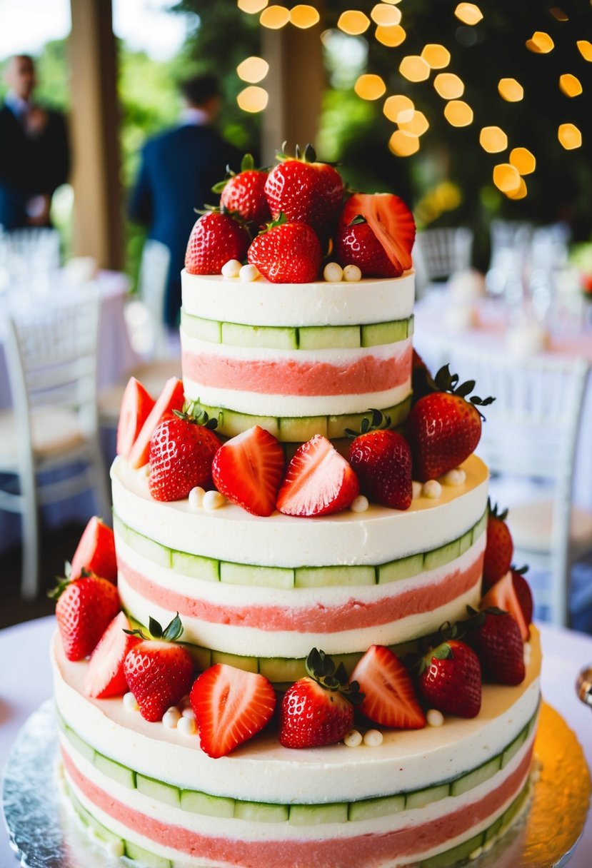 A vibrant, tiered wedding cake adorned with fresh strawberries and watermelon slices, exuding a delightful fruity aroma