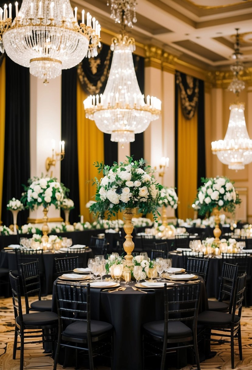 A grand ballroom adorned with black and gold decor, featuring elegant chandeliers, ornate table settings, and opulent floral arrangements