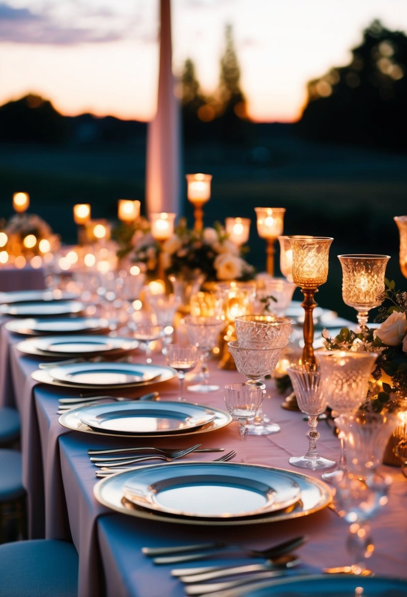 A table set with vintage glassware glows in the twilight, ready for a romantic wedding celebration