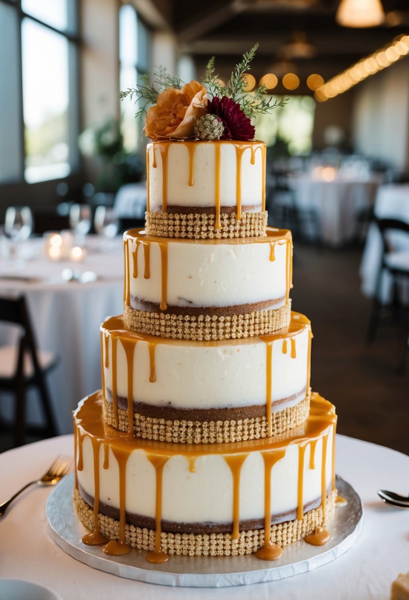 A tiered wedding cake with a butterscotch bourbon infusion, adorned with golden accents and drizzled caramel