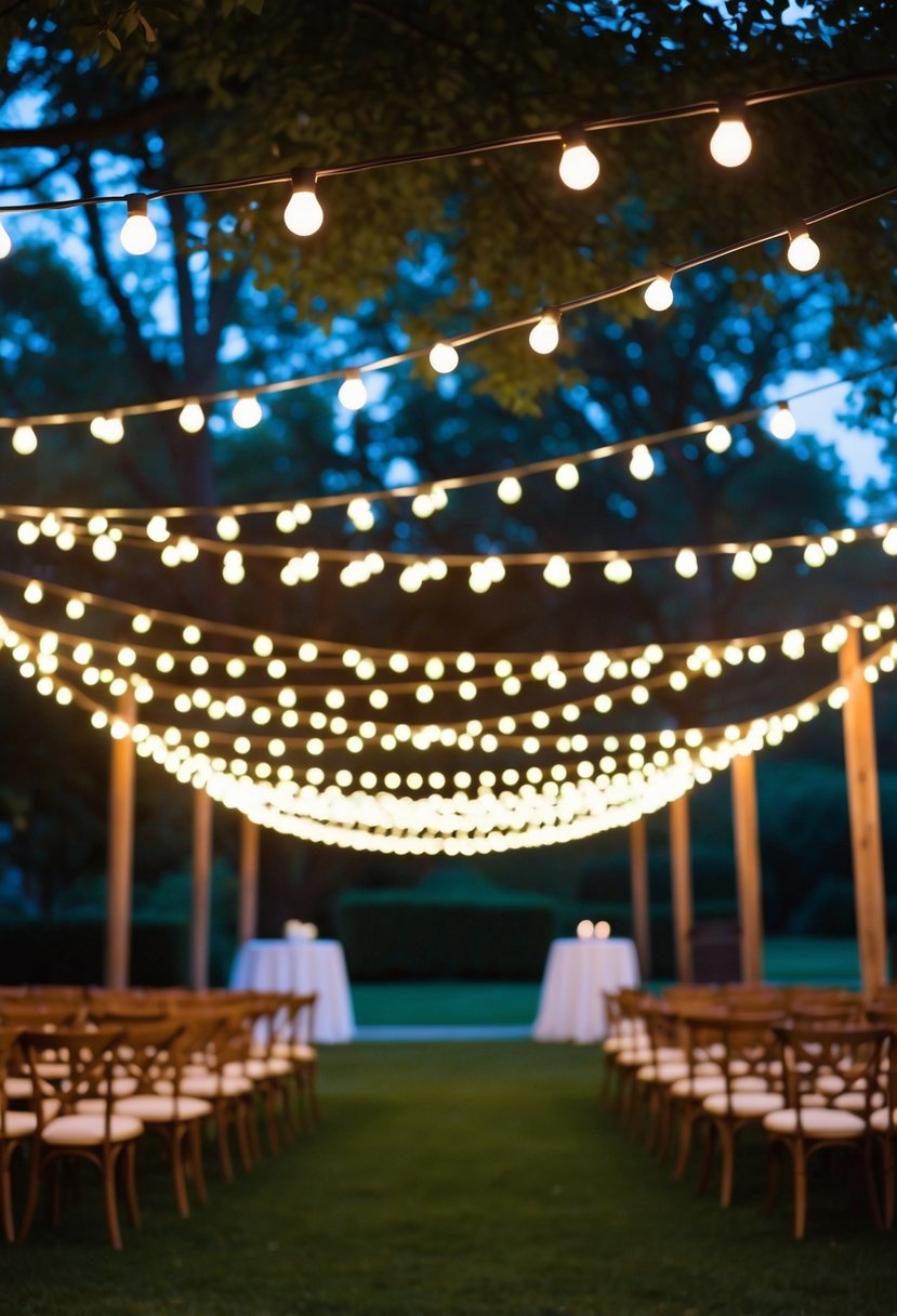 Glowing string lights hang overhead in a twilight garden, casting an ethereal glow over the wedding venue