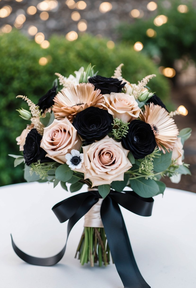 A bridal bouquet featuring a mix of rose gold and black flowers, tied together with elegant black ribbon