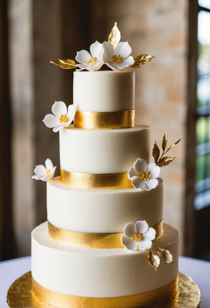 A tiered wedding cake with layers of sour cream and mango fusion, adorned with delicate fondant flowers and gold leaf accents