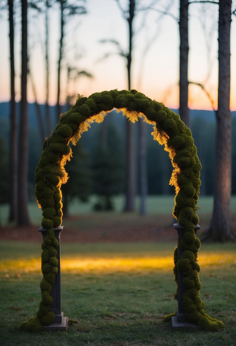 A moss-covered ceremony arch stands in a forest clearing at twilight, illuminated by soft, warm light