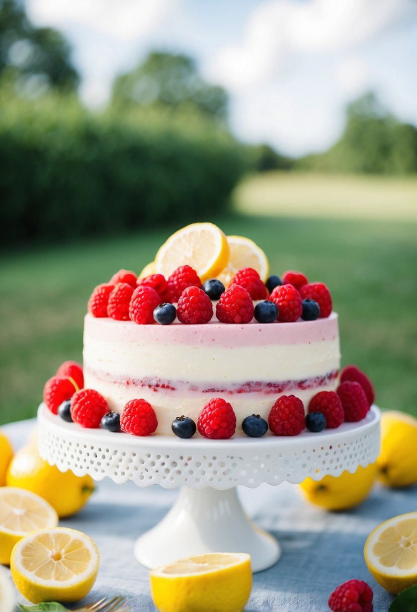 A vibrant raspberry lemonade burst wedding cake surrounded by fresh raspberries and lemon slices on a decorative cake stand