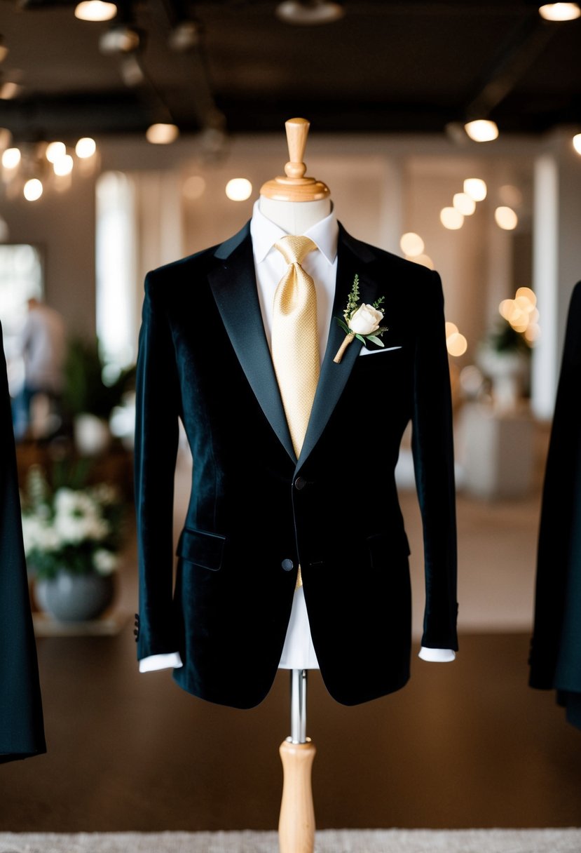 A black velvet groom's suit with a gold tie displayed on a mannequin