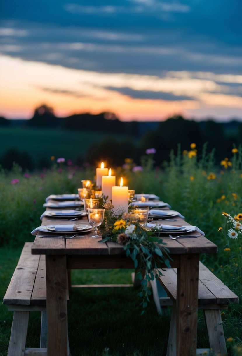 A rustic wooden table set with flickering candlelight under a twilight sky, adorned with wildflowers and greenery