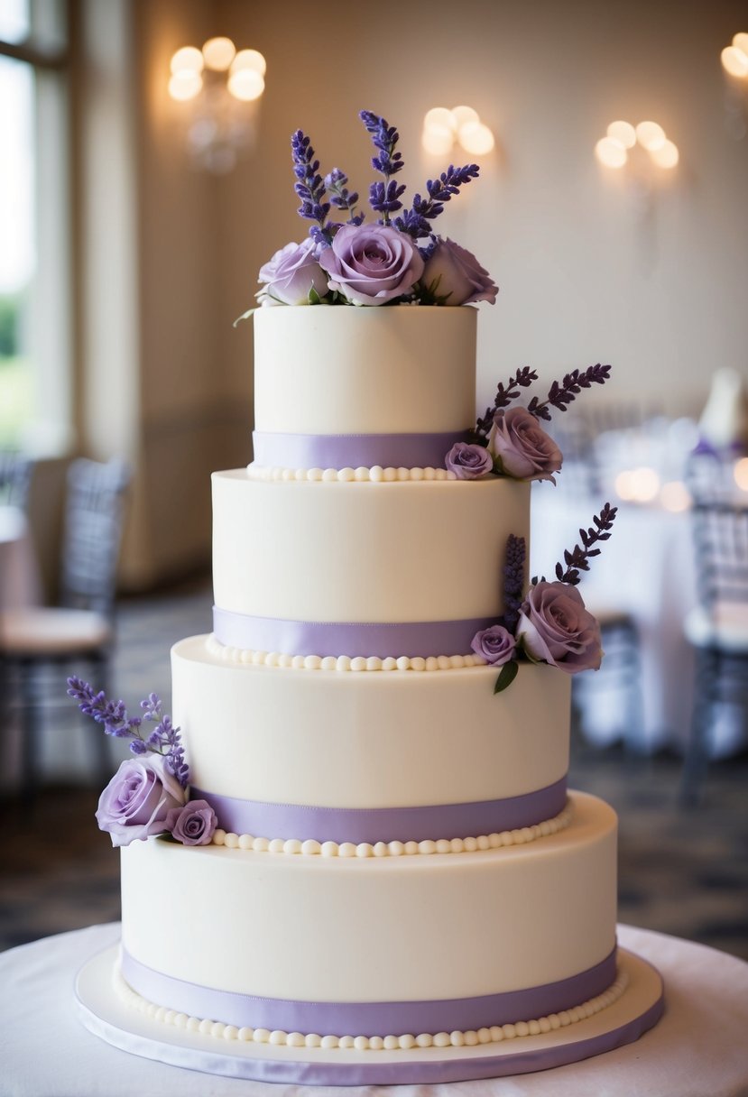 A three-tiered wedding cake adorned with delicate lavender flowers and a subtle hint of vanilla