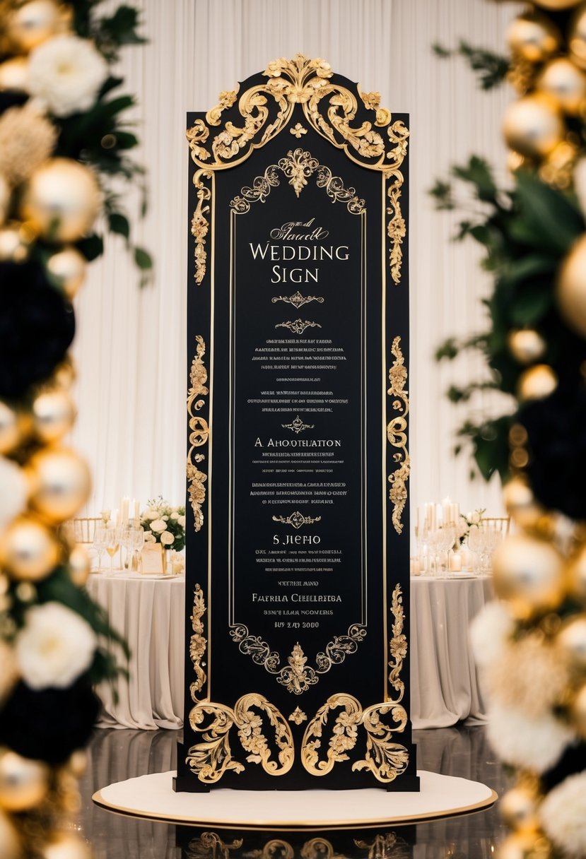 A grand black and gold wedding sign stands tall, adorned with intricate designs and elegant details, adding a touch of luxury to the celebration