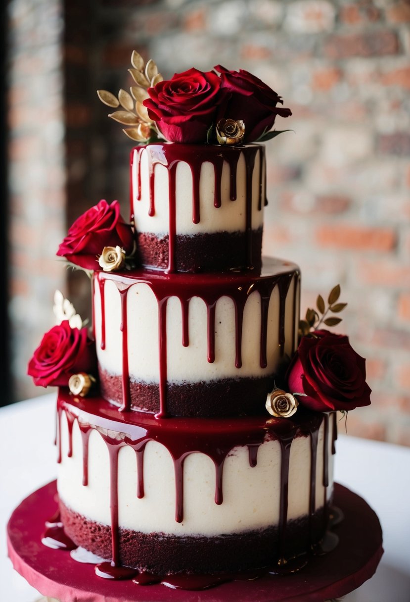 A three-tiered red velvet wedding cake drizzled with red wine glaze, adorned with delicate red roses and gold accents