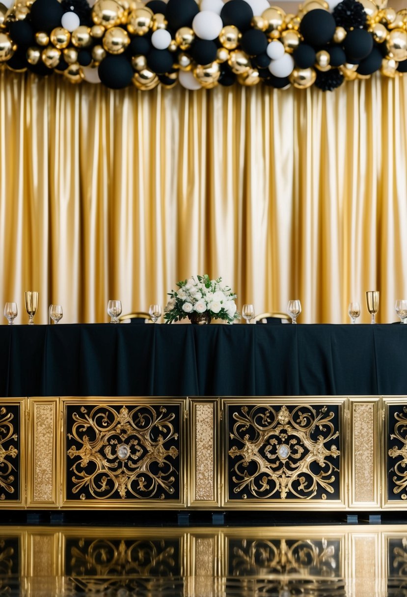 A grand metallic gold backdrop with intricate black and gold design, perfect for a luxurious wedding ceremony