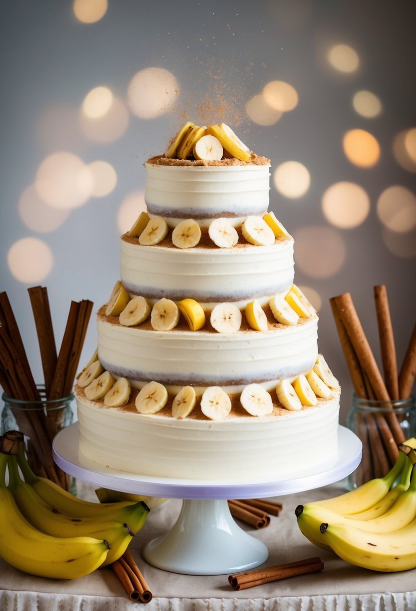 A tiered wedding cake adorned with banana slices and sprinkled with cinnamon, surrounded by a whimsical display of cinnamon sticks and fresh bananas