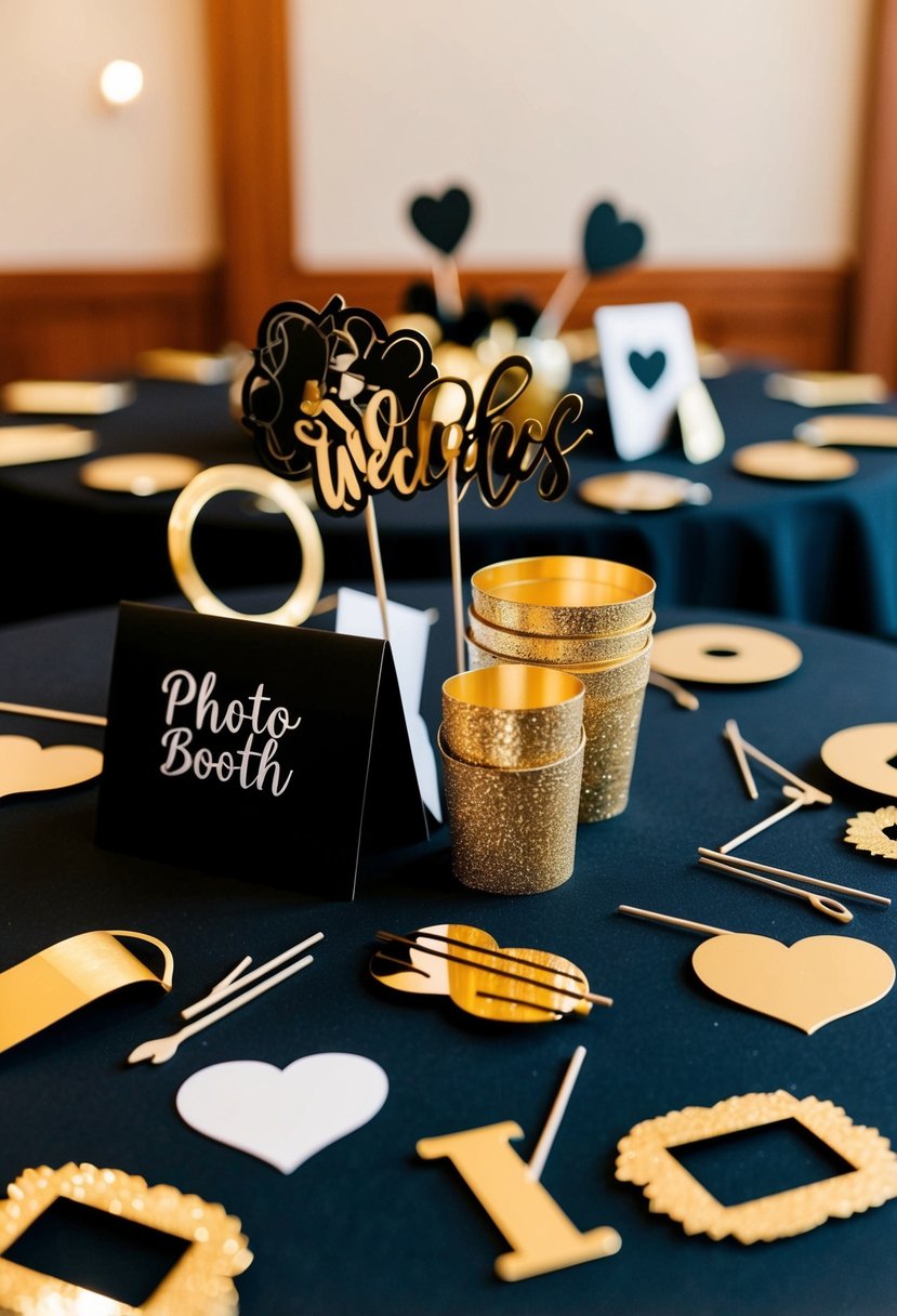 A table scattered with black and gold photo booth props for a wedding