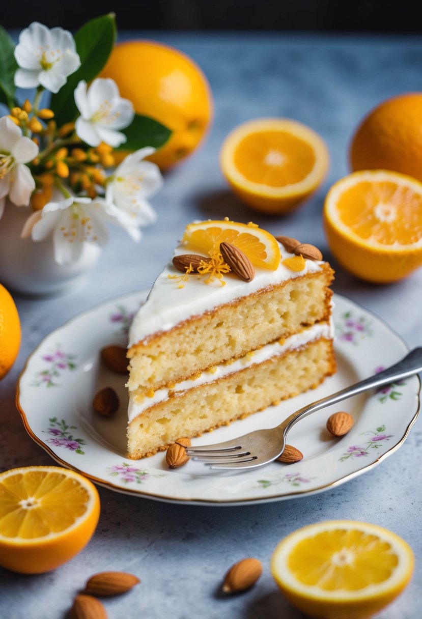 A slice of almond cake with a zesty touch sits on a delicate plate, surrounded by fresh citrus fruits and fragrant almond blossoms