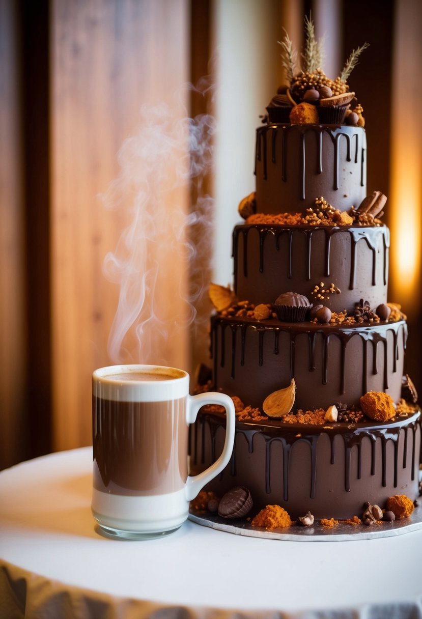 A steaming mug of chocolate chai sits beside a towering wedding cake adorned with exotic spices and rich, decadent chocolate