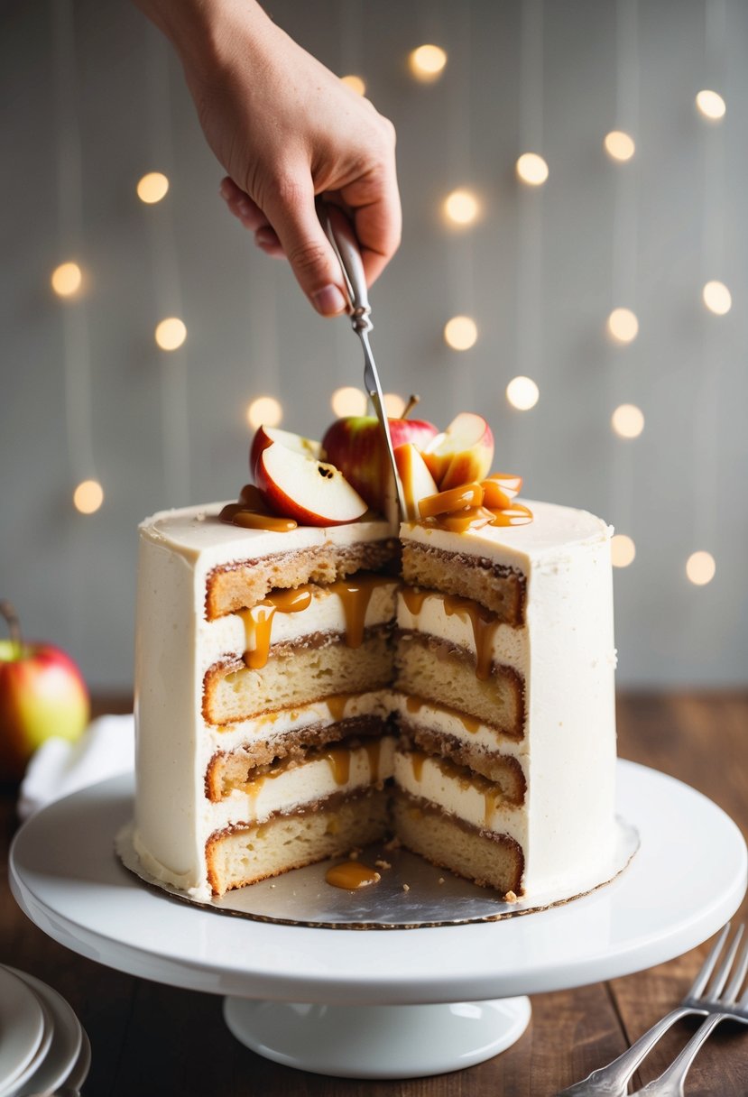 A caramel apple surprise wedding cake being sliced, revealing layers of caramel and apple filling