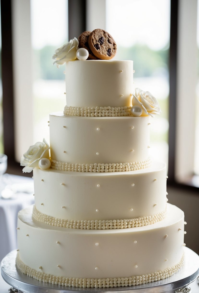 A tiered wedding cake with cookies and cream flavor, adorned with delicate white icing and edible pearls