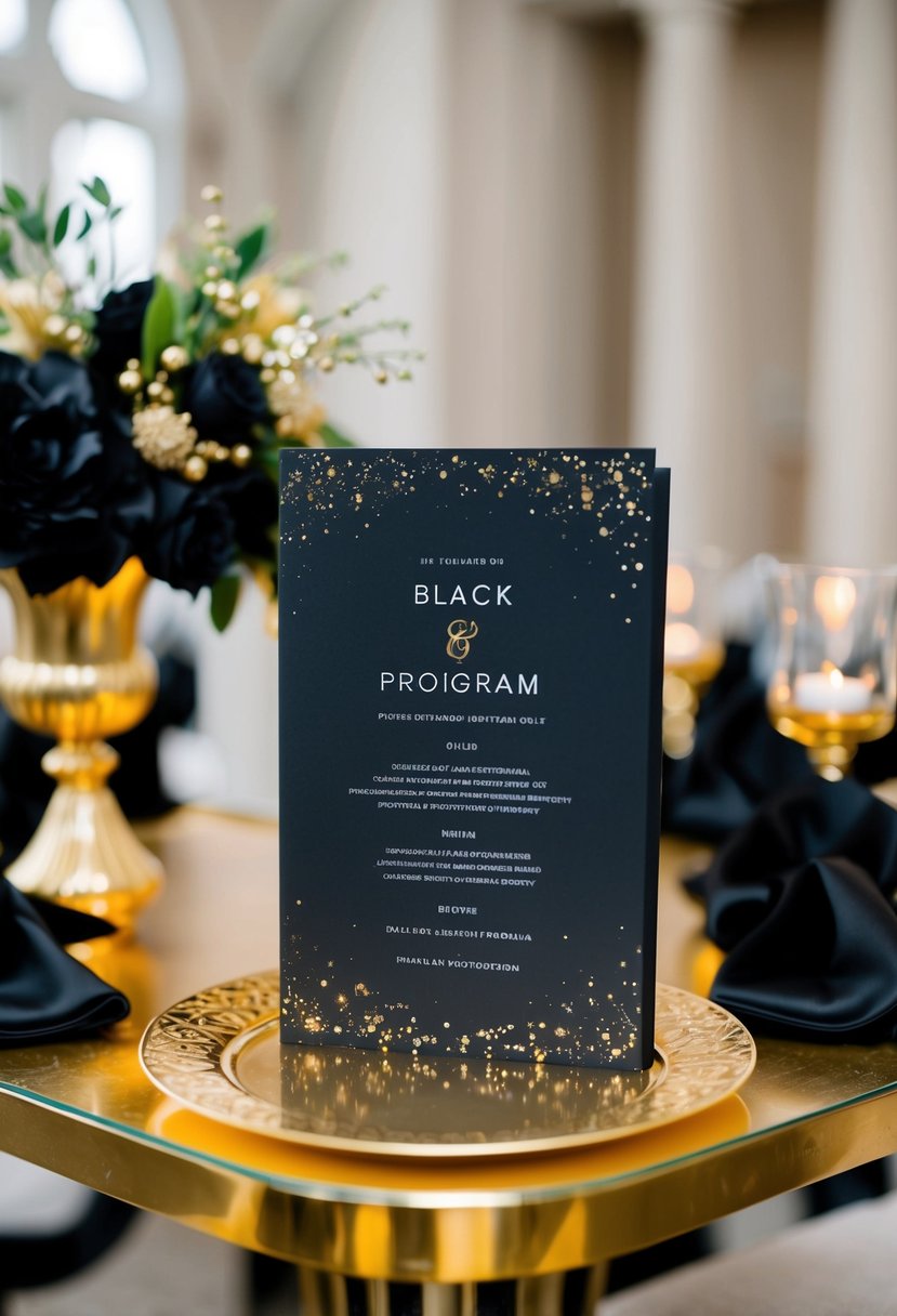 A sleek black wedding program with gold flecks sits on a gilded table, surrounded by elegant black and gold decor