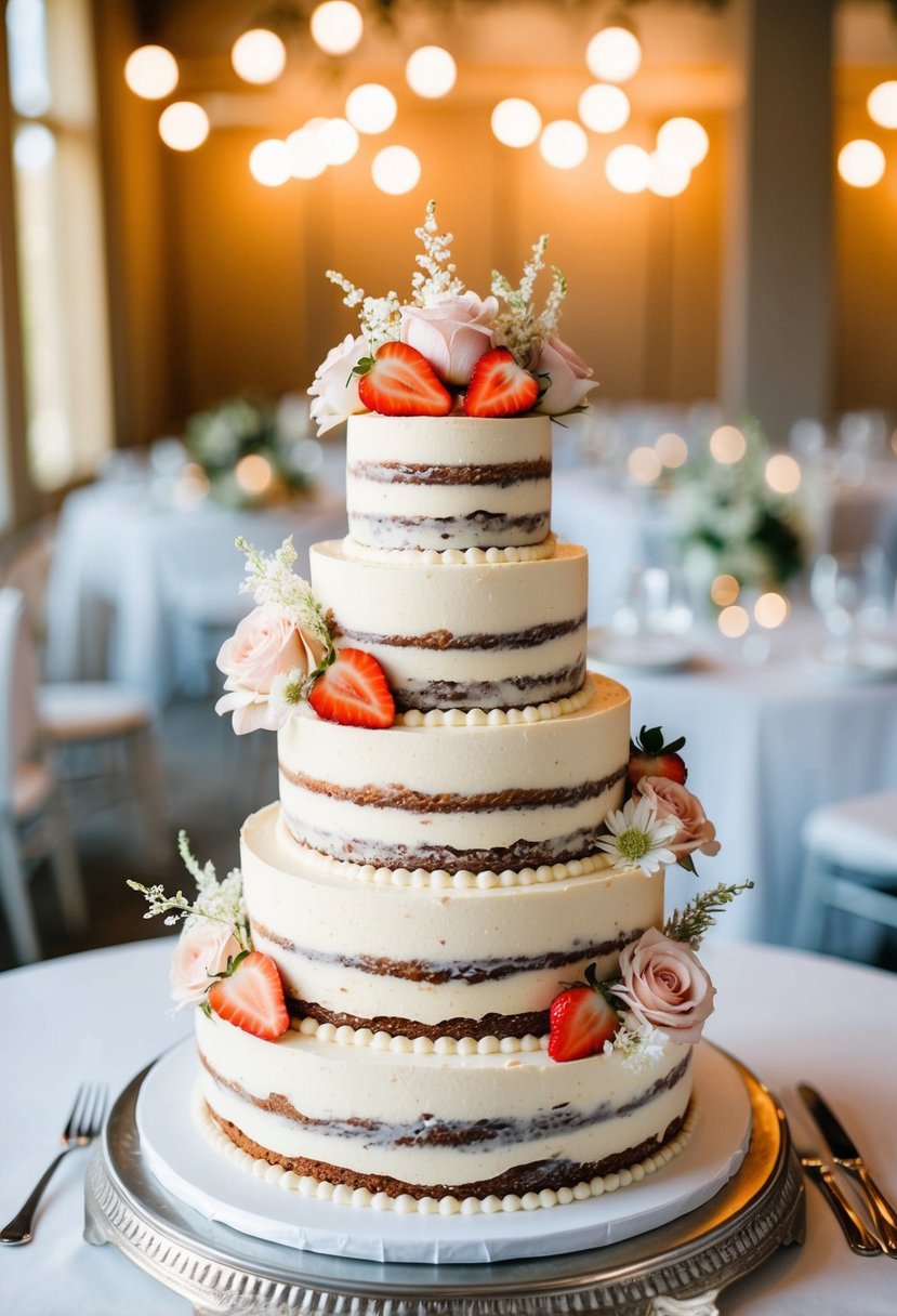 A tiered wedding cake with layers of tiramisu and strawberry flavors, adorned with delicate floral decorations