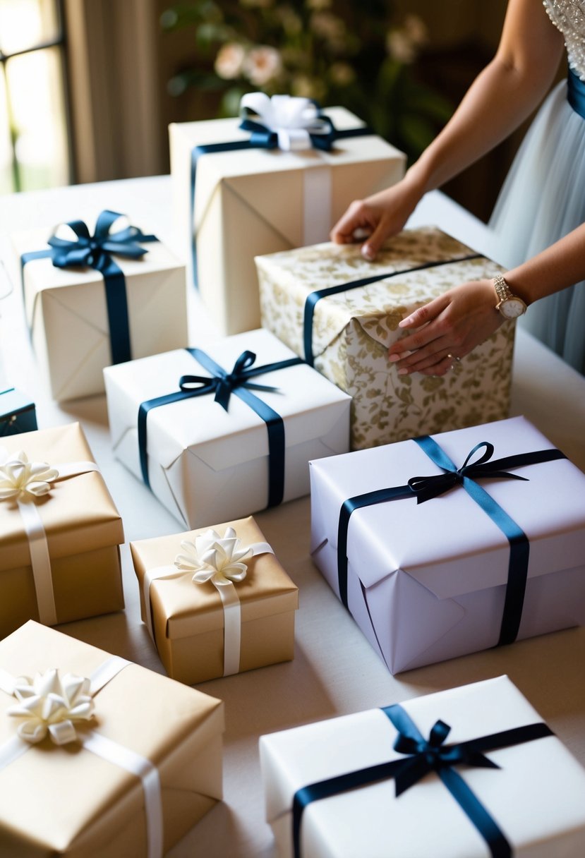 A table with various wedding gifts being wrapped in elegant paper and adorned with ribbons and bows