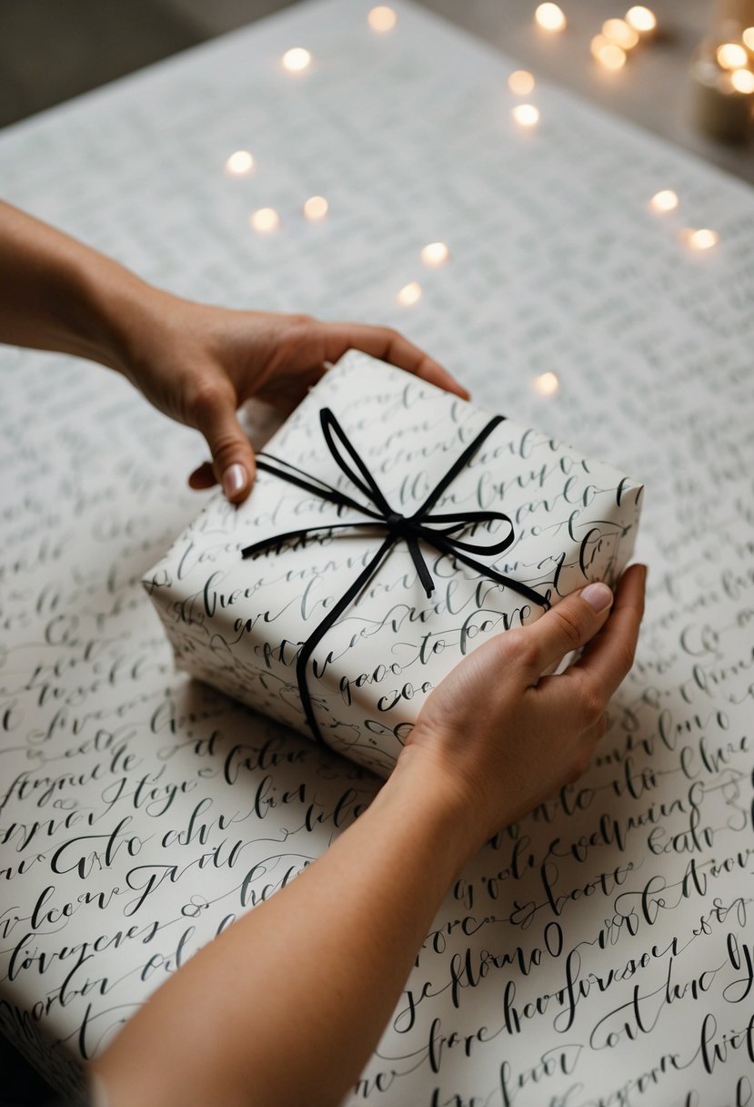 A pair of hands carefully wraps a wedding gift in elegant calligraphy wrapping paper, adding a personal touch to the present