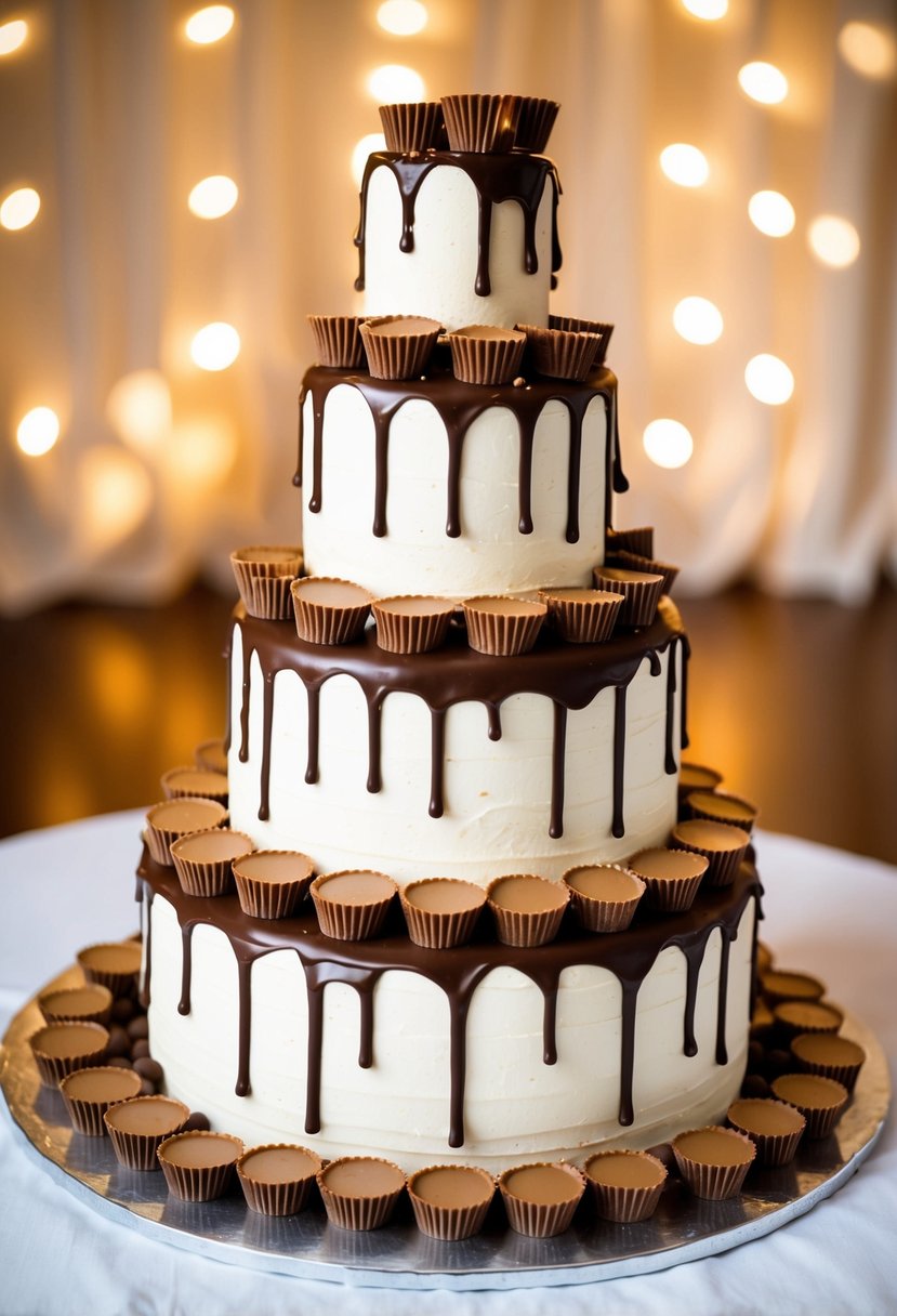 A towering wedding cake surrounded by peanut butter cups and drizzled with chocolate, creating a decadent and indulgent dessert centerpiece