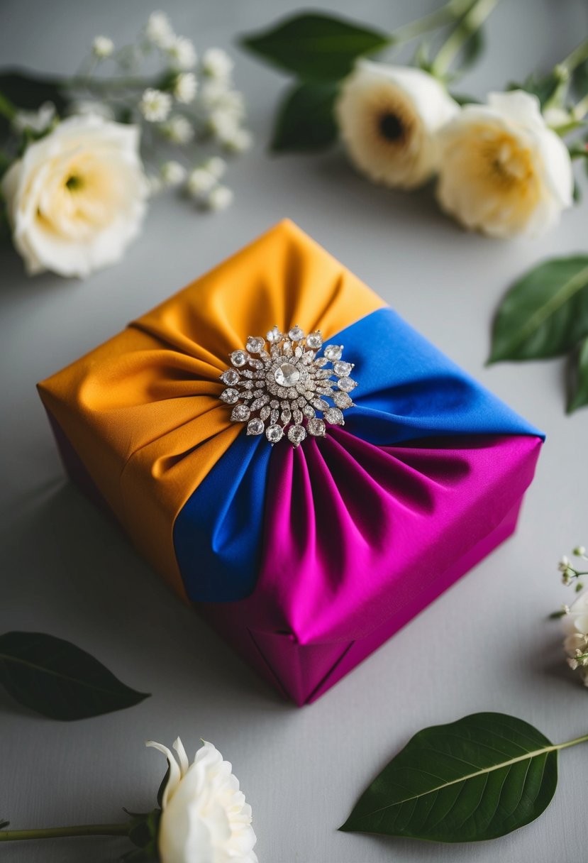 A colorful fabric is elegantly wrapped around a wedding gift box and secured with a decorative brooch