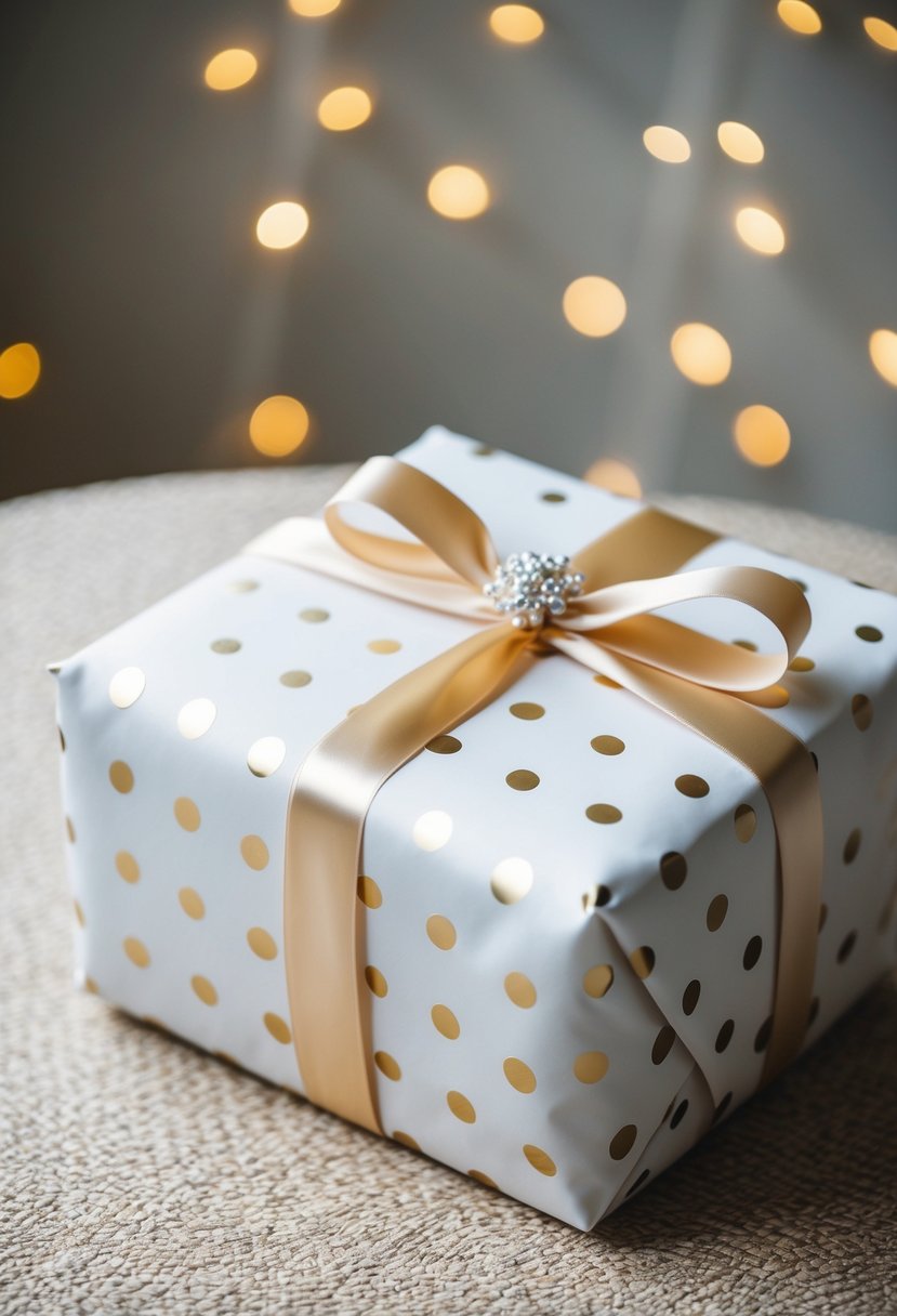 A neatly wrapped wedding gift in polka dot paper with a satin ribbon and a decorative bow